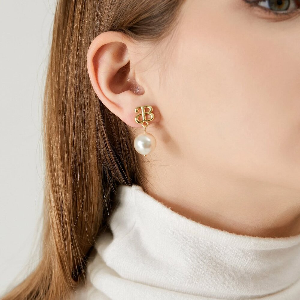 Alicia Bonnie Devotion Signature Logo Pearl Drop Earrings, Sterling Silver Posts - Picture 3 of 5